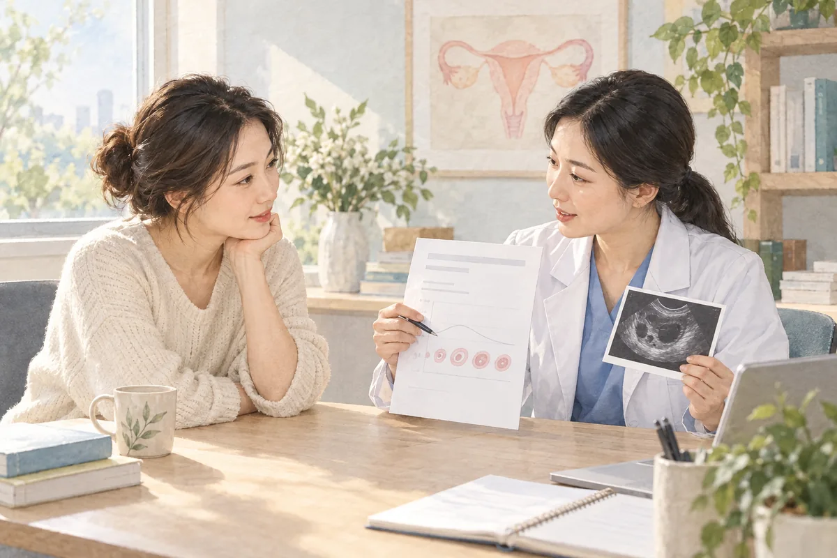 女性与医生讨论已有报告及超声资料的AI情境插画