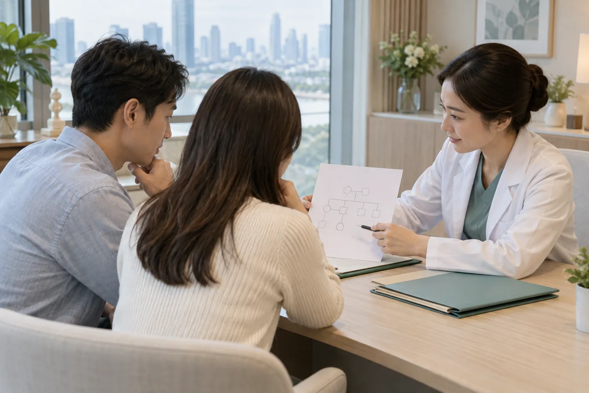 家庭在咨询室查看家族病史示意图的AI情境配图